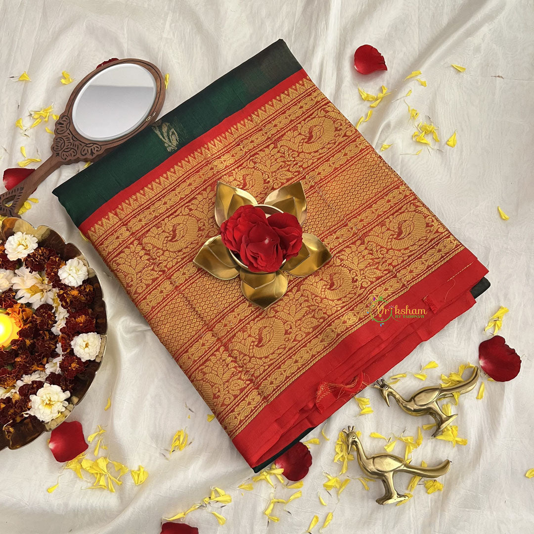 Forest Green with Orangish Red Silk Cotton Saree -VS1588