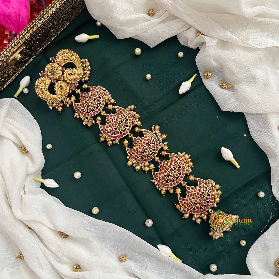 Half Moon & Peacock Gold-Plated 5 Segments Jad Billai-Gold Bead & Pearls-Vriksham-G22771