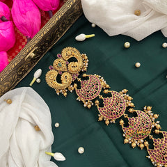 Half Moon & Peacock Gold-Plated 5 Segments Jad Billai-Gold Bead & Pearls-Vriksham-G22771