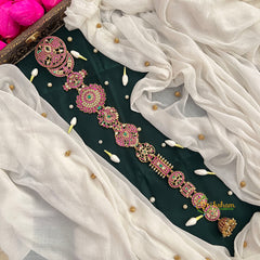Dual Peacock Matte Gold Floral Long Jada Choti With Pink Stones & Jhumka Drop Jad Billai-Vriksham-G22785