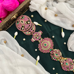 Dual Peacock Matte Gold Floral Long Jada Choti With Pink Stones & Jhumka Drop Jad Billai-Vriksham-G22785