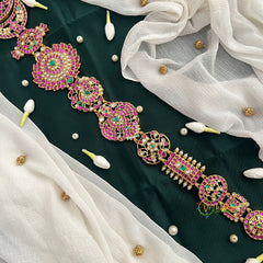 Dual Peacock Matte Gold Floral Long Jada Choti With Pink Stones & Jhumka Drop Jad Billai-Vriksham-G22785