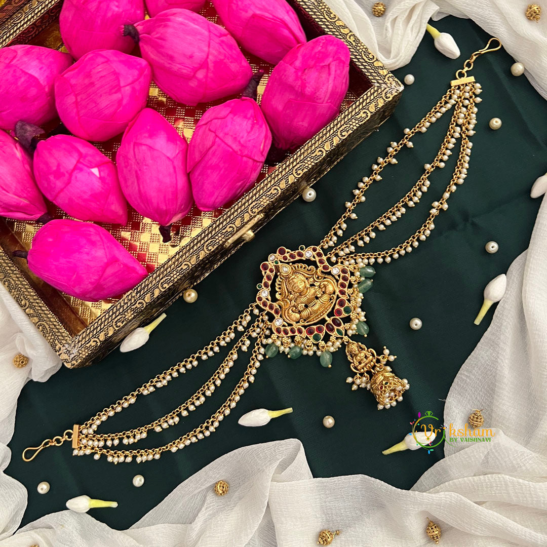 Double Lakshmi Matte Gold Floral With & Jhumka Drop Maatil Jad Billai-Green Bead & Pearls-Vriksham-G22787