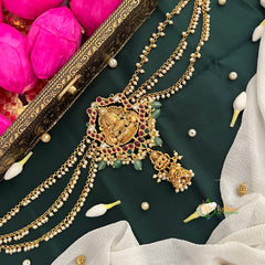 Double Lakshmi Matte Gold Floral With & Jhumka Drop Maatil Jad Billai-Green Bead & Pearls-Vriksham-G22787