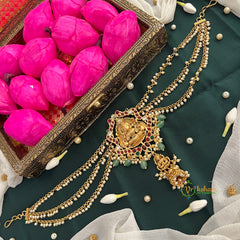 Double Lakshmi Matte Gold Floral With & Jhumka Drop Maatil Jad Billai-Green Bead & Pearls-Vriksham-G22787