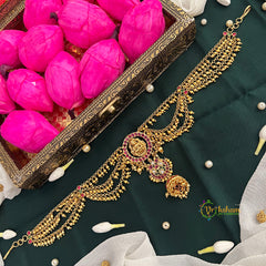 Round Lakshmi Matte Gold Red Stone Floral With & Jhumka Drop Maatil Jad Billai-Gold Bead-Vriksham-G22788