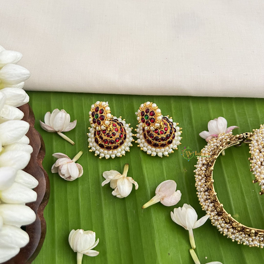 Vriksham Traditional Kemp Jhumkas-Small-Green Red-Pearl-G18574