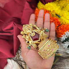 Exquisite Matte AD Stone Red Ganesh Ji With Round Handcrafted Kumkum Box-Vriksham-G22810