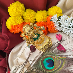 Exquisite Matte AD Stone Deep Green Ganesh Ji With Round Handcrafted Kumkum Box-Vriksham-G22811