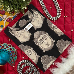 Black Handprinted Buddha Face Print Kalamkari Kurti-Vriksham-VS5242
