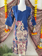 Blue Traditional Indian Motif Hand-block Print Kalamkari Kurti-Vriksham-VS5241