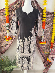 Black Traditional Mythological Character Print Kalamkari Kurti-Vriksham-VS5236