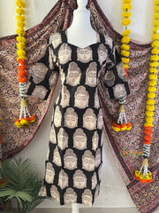 Black Handprinted Buddha Face Print Kalamkari Kurti-Vriksham-VS5242
