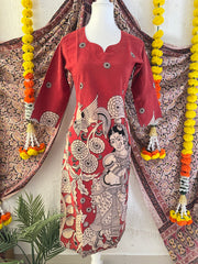 Maroon With  Figural & Peacock Motif  Print Kalamkari Kurti-Vriksham-VS5240