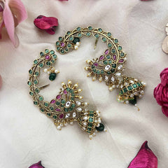 Vriksham Peacock  Leaf & Floral Style Bridal With Pearls Deataling EarCuff-Green Red  & White-G21105