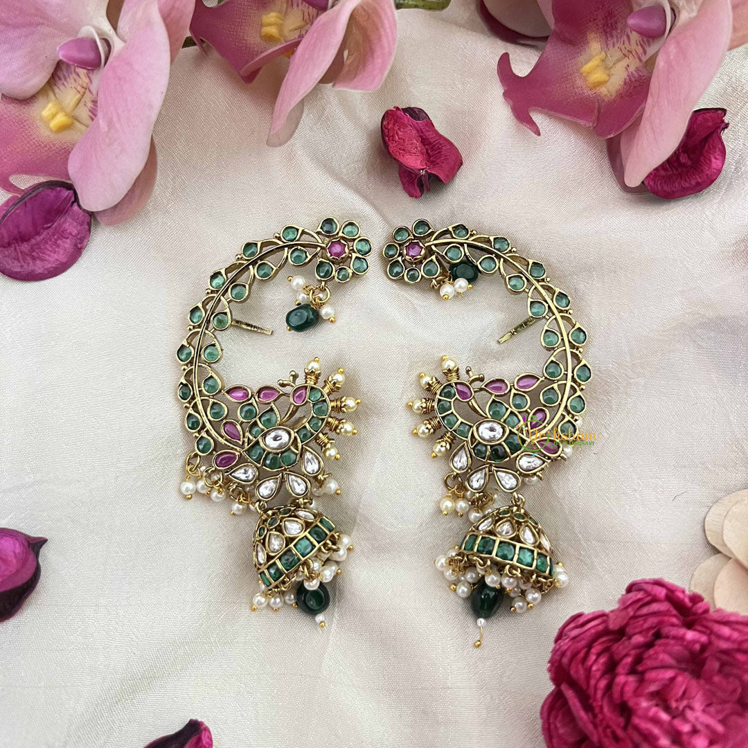 Vriksham Peacock  Leaf & Floral Style Bridal With Pearls Deataling EarCuff-Green Red  & White-G21105