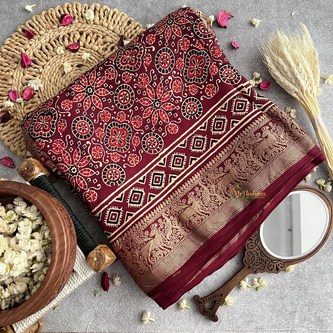 Vriksham Maroon Geometric Print Ajrakh Dola Silk Saree-VS4381