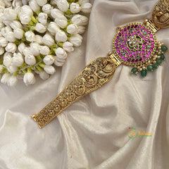 Peacock Feather Circular Medallion Pendant With Peacock Work Hipbelt-Vriksham-G22885