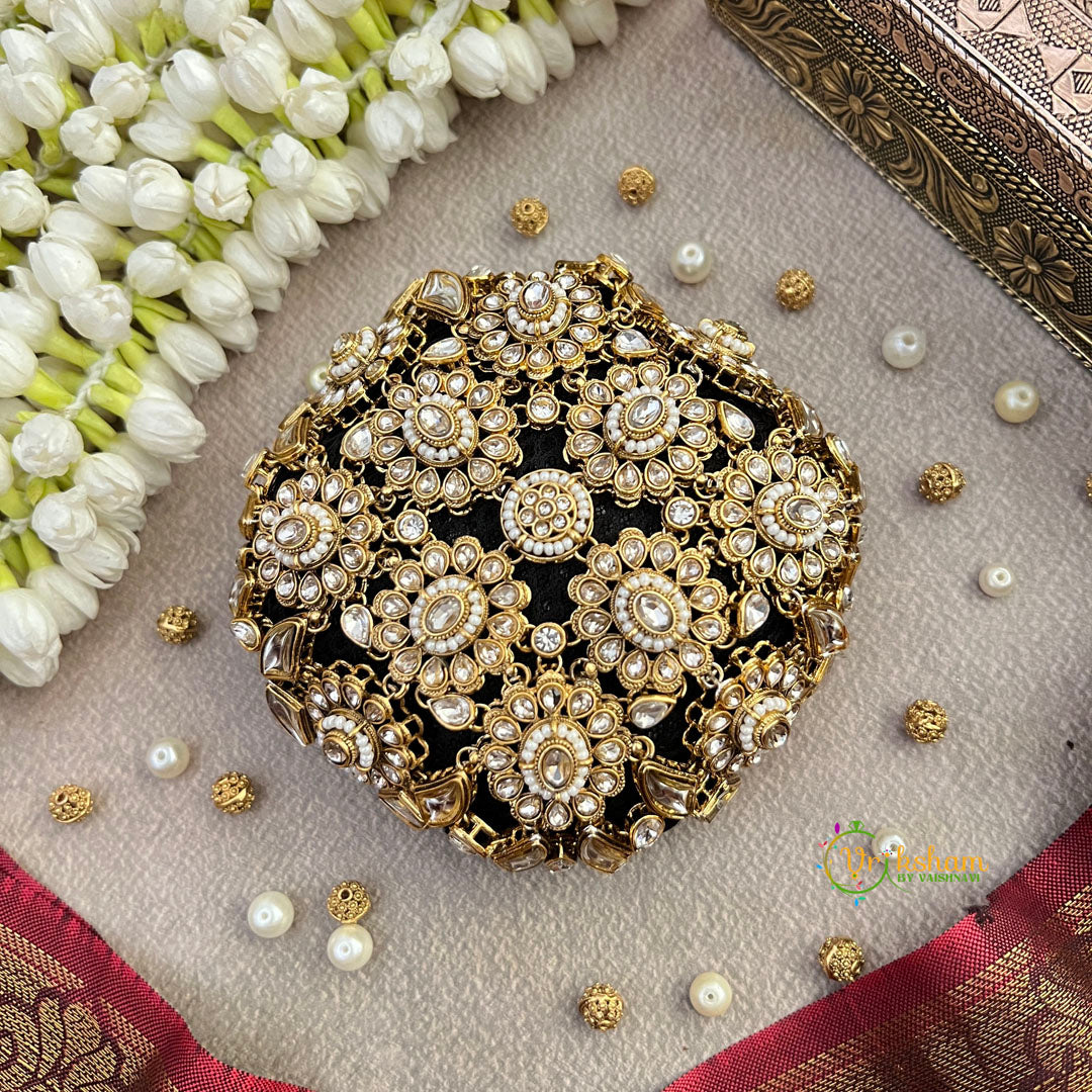 Premium Gold-Tone Floral Ethnic Round Pearls Clutch for Wedding Occasions Bun Cage-Vriksham-G22899