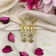 Gold-Plated Parrot and Floral Motif With Green Stone Accent Ear Cuff Earrings-Vriksham-G22888