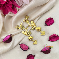 Gold-Plated Parrot and Floral Motif With Green Stone Accent Ear Cuff Earrings-Vriksham-G22888