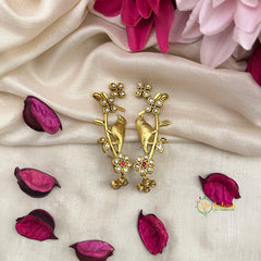 Gold-Plated Parrot and Floral Motif With Red Stone Accent Ear Cuff Earrings-Vriksham-G22889