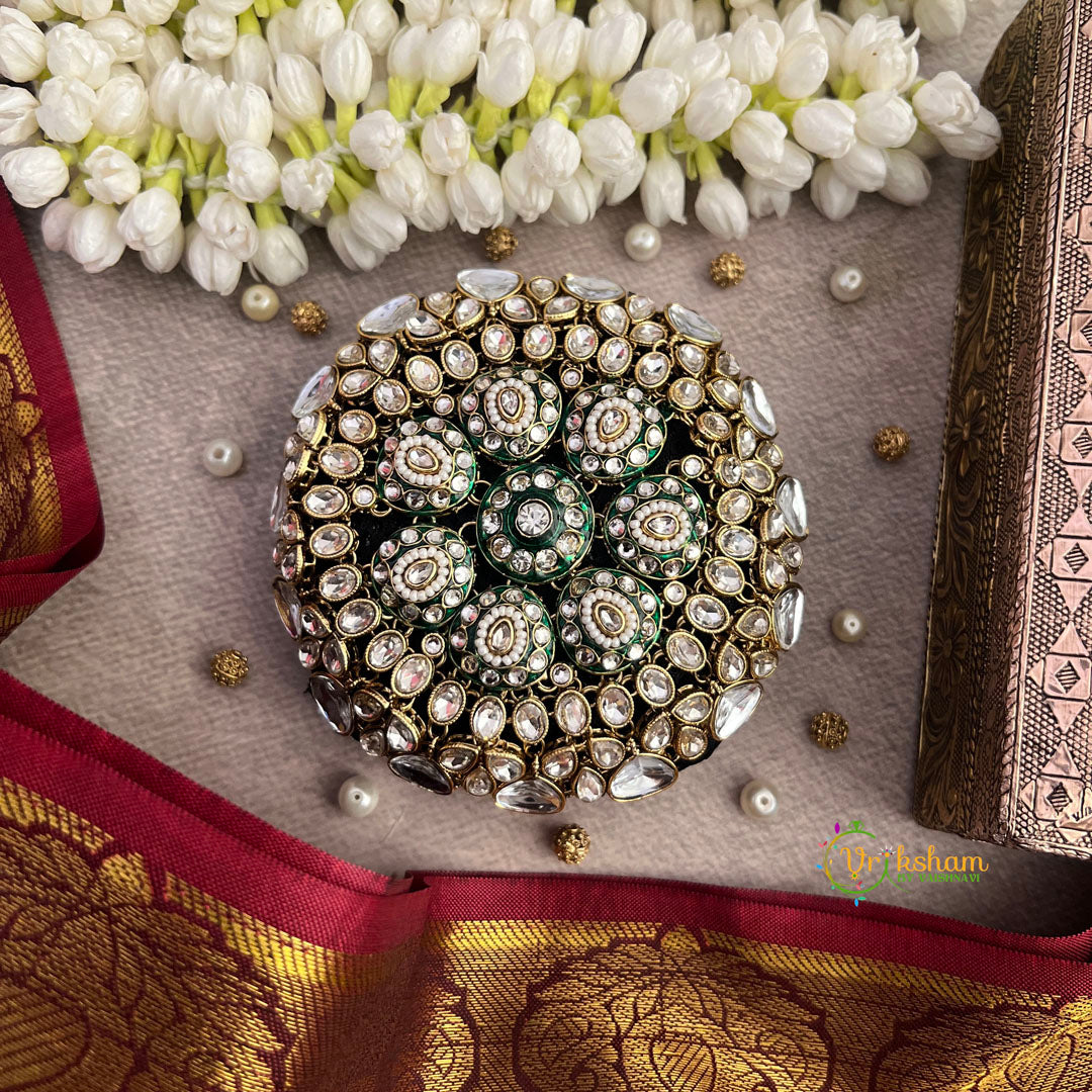 Premium Kundan and Meenakari Embellished Round Designer Clutch Bun Cage-Vriksham-G22900