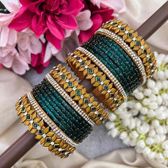 Vriksham Deep Green Glass Bangle Stack with Mustard Enamel Kadas Style Glass Bangle Set-G21735