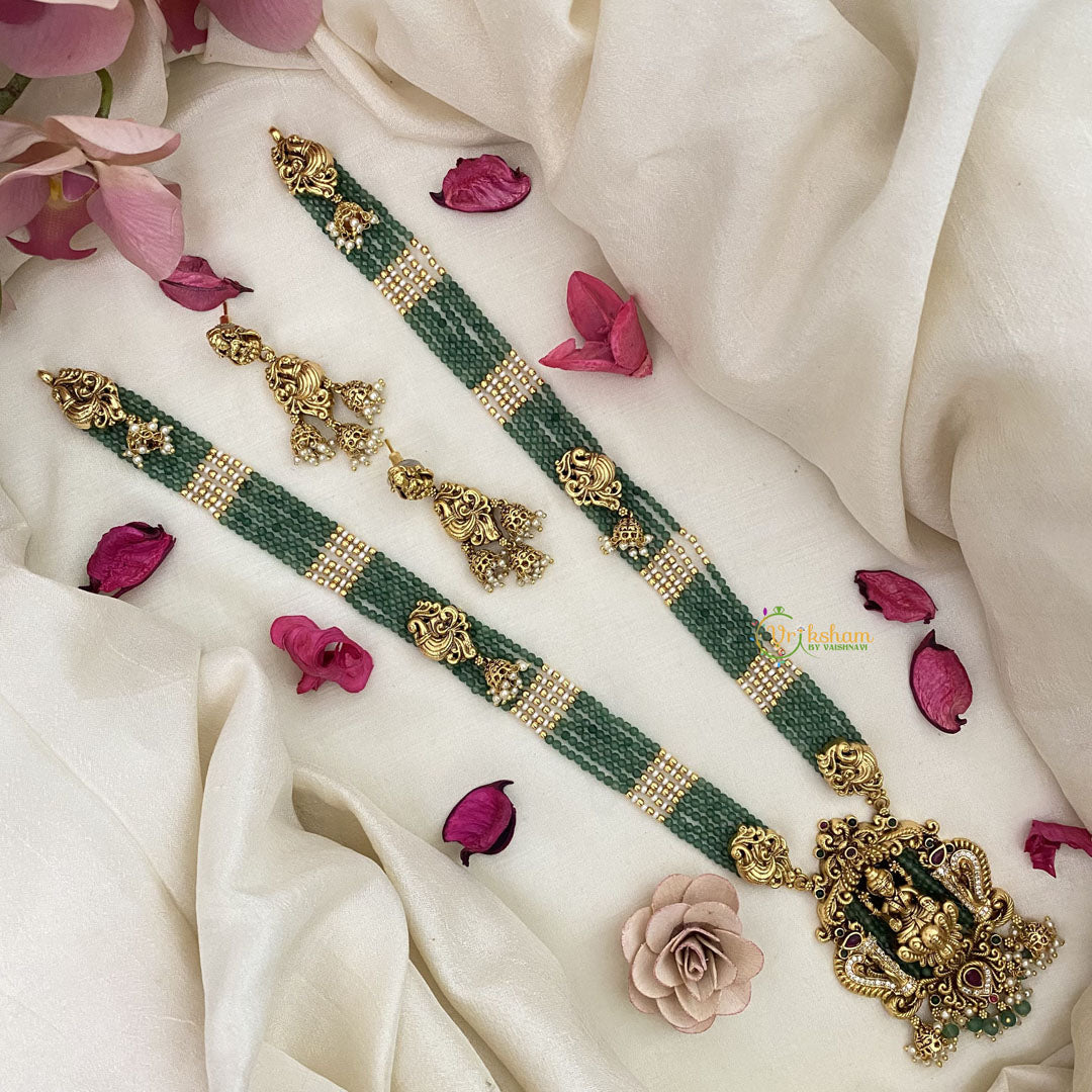 Vriksham AD Stone Lakshmi Pendant Pastel Green Beaded Layered necklace-G16581