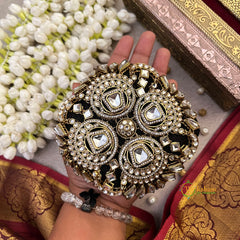 Opulent Kundan Studded Round Clutch For Bridal and Festive Wear Bun Cage-Vriksham-G22898
