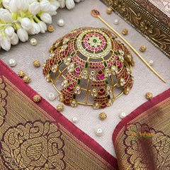 Exquisite Jadau-Style Floral Bun Holder With Intricate Stone Detailing Bun Cage-Vriksham-J4345