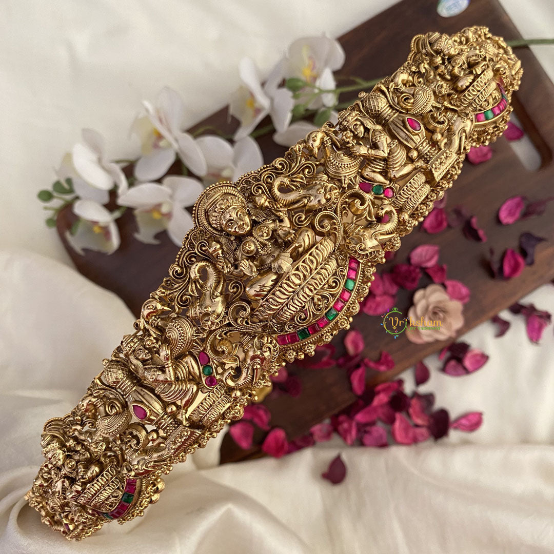Vriksham Lakshmi With Dual Elephant Bridal Hip Belt-Gold Beads-Red Green-G17597