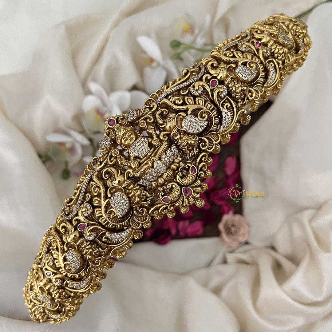 Vriksham Antique Gold Goddess Waist Belt With Peacock  AD Stone Motif Bridal Hipbalt-Red-Gold Bead-G19624