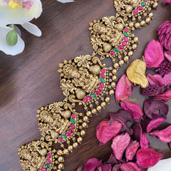 Vriksham Exquisite Lakshmi With Dual Peacock Bridal Hip Chain-Gold Bead-Red Green-G17623