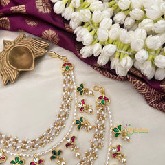 Leaf Style Red Green  & White Stone Rice Pearl Details Kundan Jadau Maatil-Vriksham-G22933