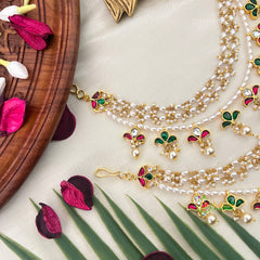 Leaf Style Red Green  & White Stone Rice Pearl Details Kundan Jadau Maatil-Vriksham-G22933