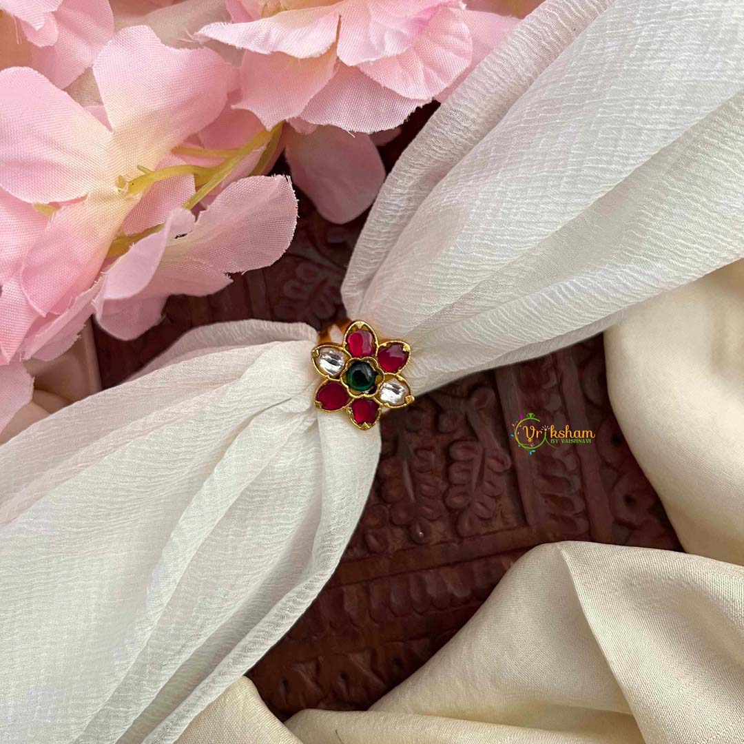 Vriksham Floral Adjustable Statement Kundan Jadau Finger Ring-Red Green & White-J3679