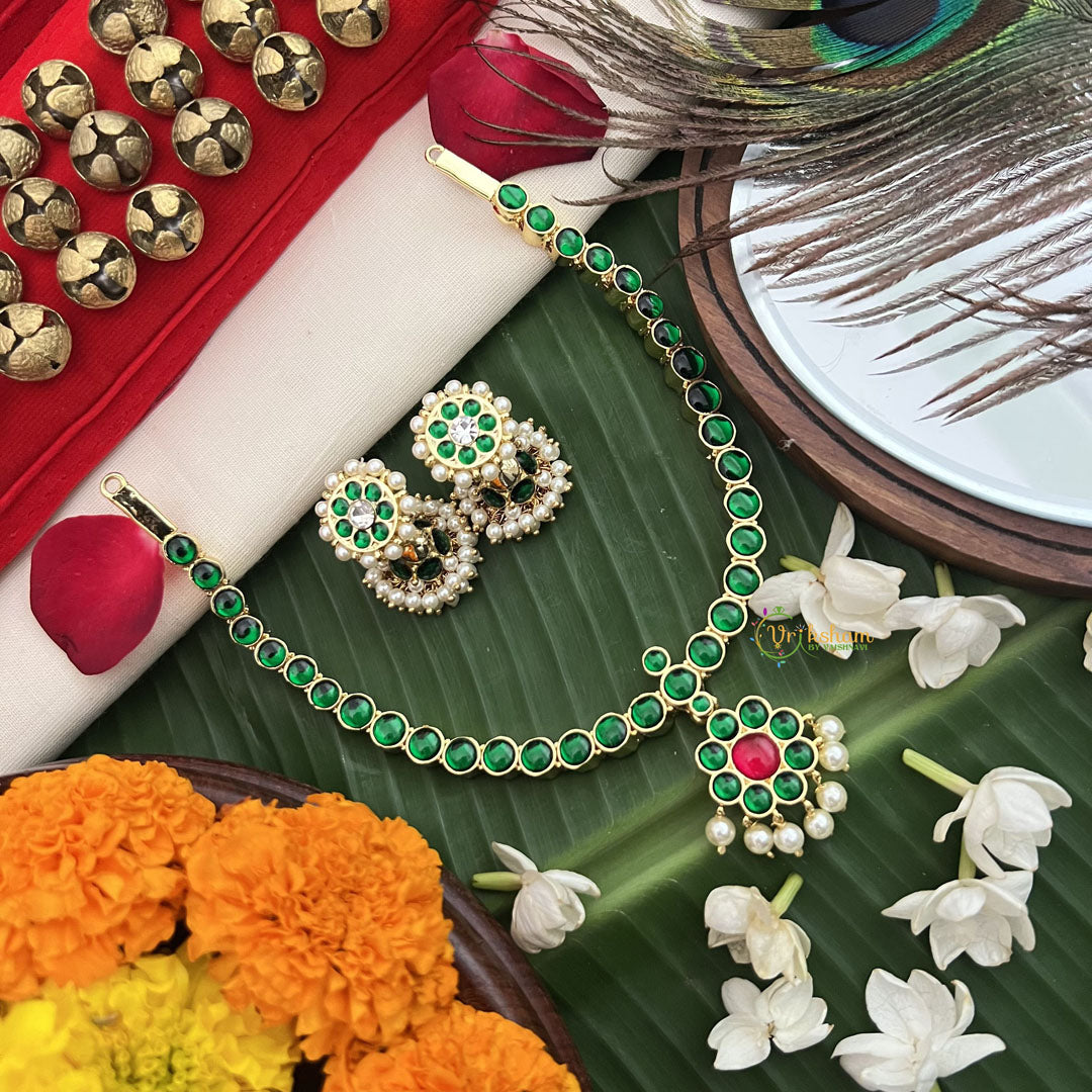 Vriksham Temple-inspired Kemp pendant necklace With dangling Pearl Fringe Neckpiece-Green Red-G19723