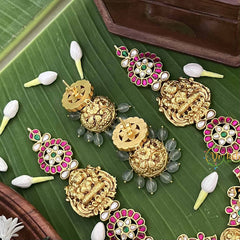 Vriksham Premium Lakshmi Idol With Floral Kundan Jadau Chakri Long Neckpiece-Red Green & White-Green Bead-J3998