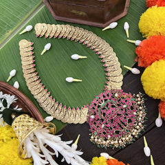 Vriksham Dual Peacock Pendant With Peacock Lakshmi Coin  Kundan Jadau Long Neckpiece-Red Green & White-Pearls & Green Bead-J4000