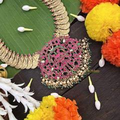 Vriksham Dual Peacock Pendant With Peacock Lakshmi Coin  Kundan Jadau Long Neckpiece-Red Green & White-Pearls & Green Bead-J4000