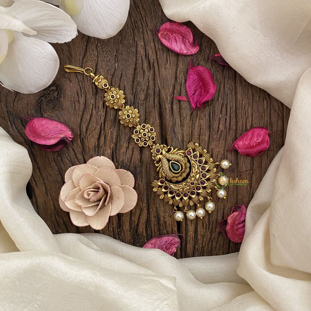 Vriksham Designer Dual Peacock Half Moon Maang Tikka-White Bead-G16780