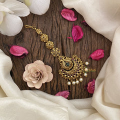 Vriksham Designer Dual Peacock Half Moon Maang Tikka-White Bead-G16780