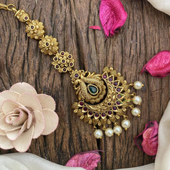 Vriksham Designer Dual Peacock Half Moon Maang Tikka-White Bead-G16780