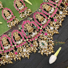 Vriksham  Lotus Lakshmi Mahal Kundan Jadau Gold Bead & Pearls Choker Neckpiece-White Red & Green-J4006