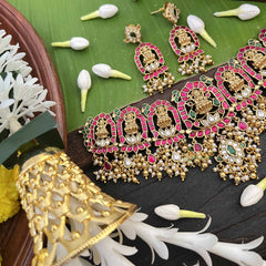 Vriksham  Lotus Lakshmi Mahal Kundan Jadau Gold Bead & Pearls Choker Neckpiece-White Red & Green-J4006