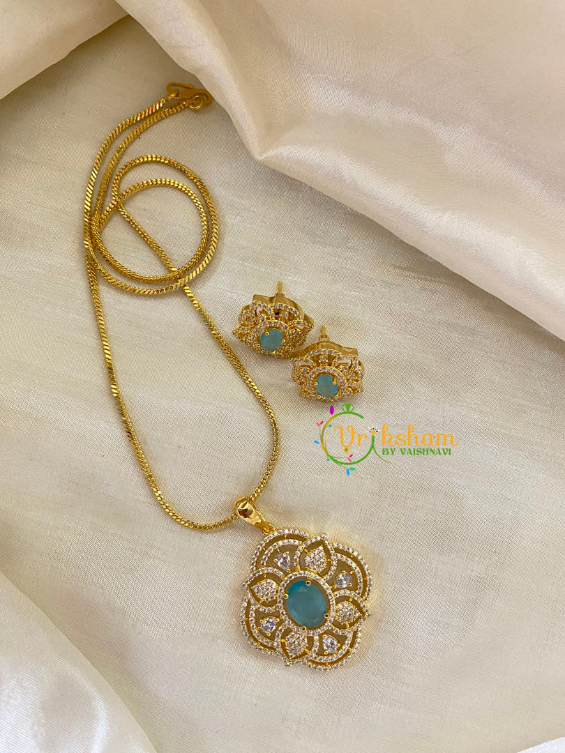 Pastel Blue Gold Look Alike AD Stone Pendant Chain-Floral-G8264