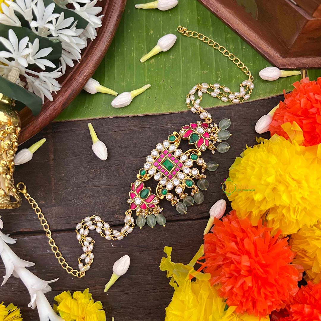 Vrikshamv Square Style With Lotus  Kundan Jadau Choker-Race Pearls Bead-J4032