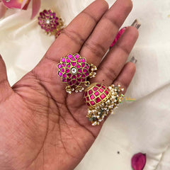 Vriksham Handcrafted Pink Floral Kundan Jadau With Green Beads and Pearl Tassels Jhumkas Earrings-J4216