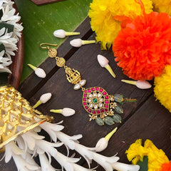 Vriksham Bridal Lakshmi  Floral Design Kundan Jadau Mang Tikka-Green Bead-J4044
